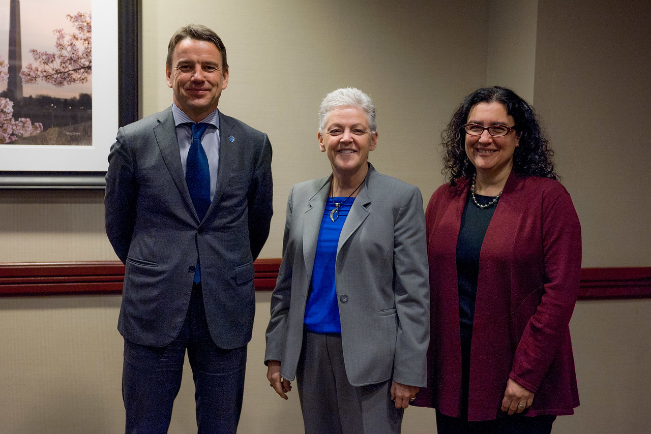 EPA Administrator Gina McCarthy with Rita Cerutti, Director of Multilateral Affairs in Environment and Climate Change Canada, and Christian Friis Bach, Executive Director of the United Nations Economic Commission for Europe, at the 2016 Global Methane Forum in Washington, DC, United States. <br><span class='small text-muted'>(2016, United States)</span>